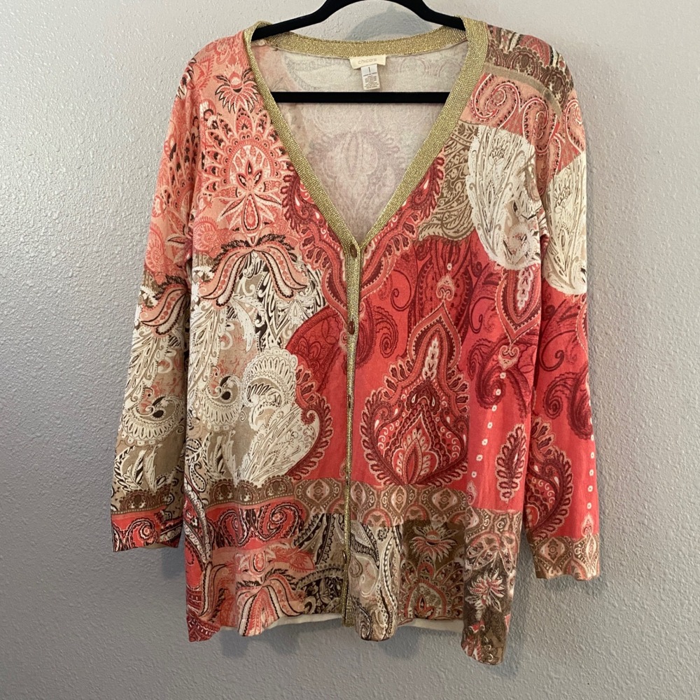 Chico's Paisley Shine Cardigan Size 1 Boho Chic Eclectic Masimalist Wearable Art